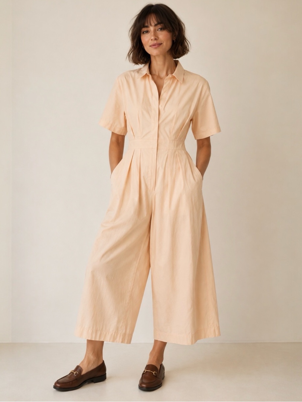 Ritu Kumar Light Beige Wide Leg Jumpsuit Belted Collared Cropped Pants M-L - Picture 7 of 8